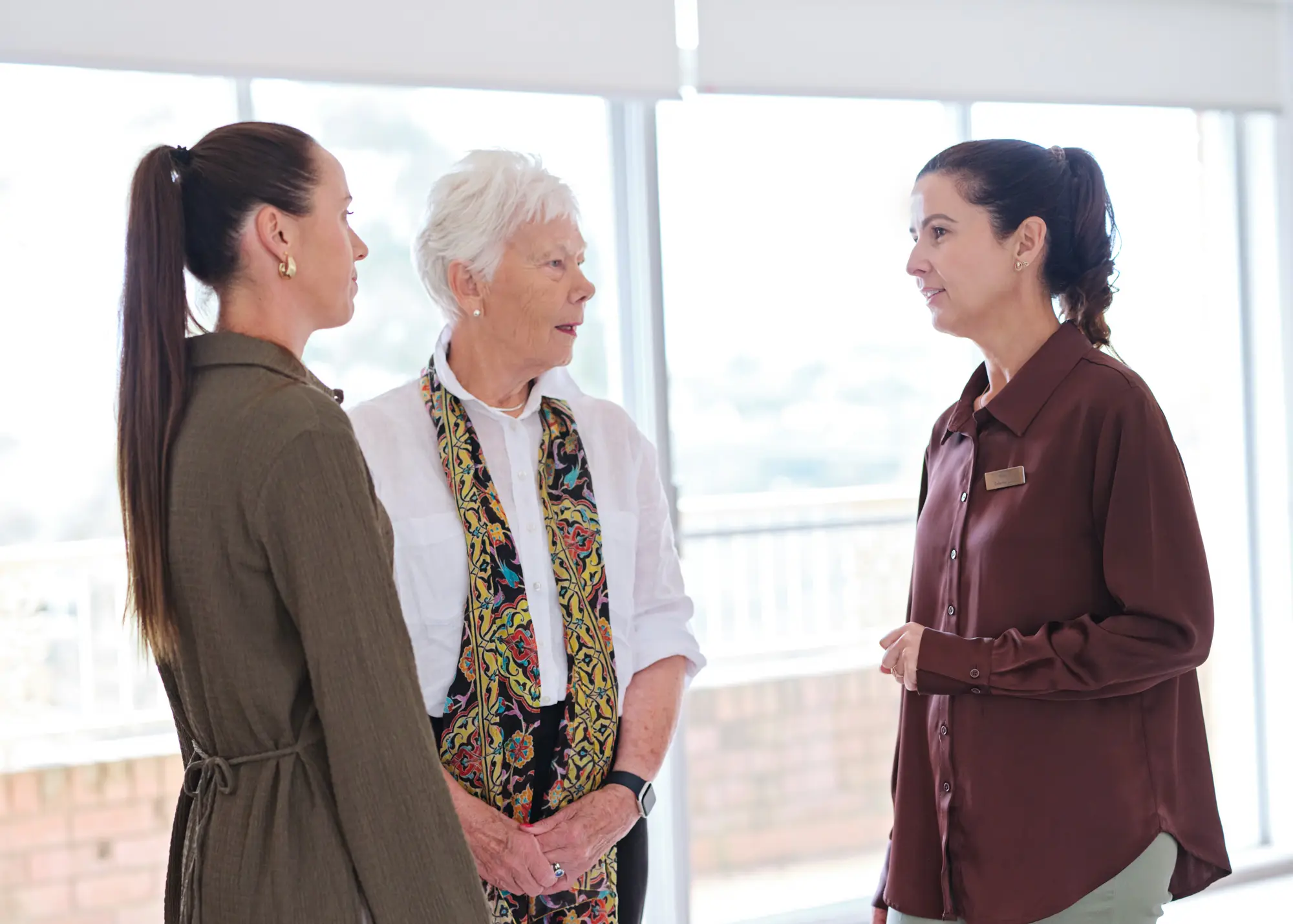 Two care professionals meeting with an older woman in a light-filled living room.
